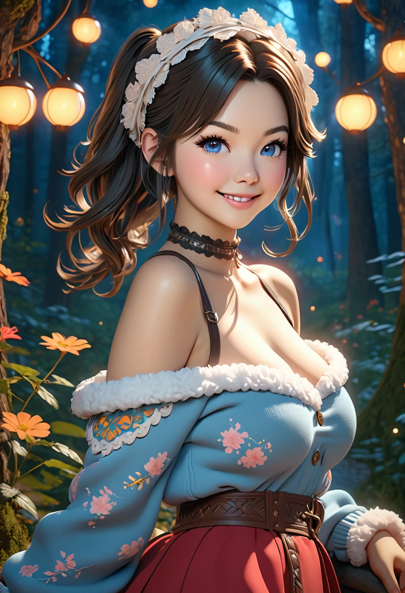 masterpiece, best quality, highly detailed, 1girl, solo, twintails, off-shoulder sweater, choker, jacket, hairband, looking at viewer, smile, blush, Wide Smile, Eyes Detailed & Wide, sexy Pose. Ultra HD, Rococo-Inspired Fantasy Art With Intricate Details. Cute, Charming Expression, Alluring-Gaze, looking at viewer Beautiful Eyes, An-Ideal-Figure. Large Youthful Well-Shaped-Breasts, Massive-Round-Bosom, Décolletage. slim waist, fit body, full lipsWarm lights , woman in a dreamy forest at night, with fluffy hair, delicate face, realistic, real, slim, large aperture, sexy shots, attractive poses,Stunnin gly beautiful merge of Miranda Cosgrove. symmetrical face, photorealistic, photography, path tracing, specular lighting, volumetric face light, path traced hairmaximum quality{(masutepiece) (8K High Resolution) (top-quality) In the style of breath of the wild.