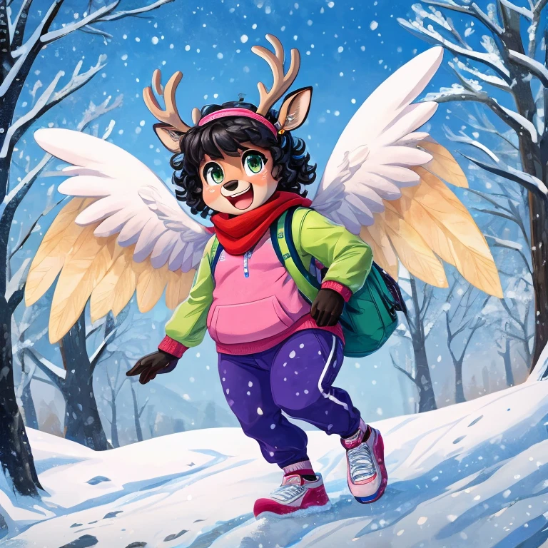 Cute, deer boy, small deer antlers, innocent, chubby, fat, big thighs, androgynous, femboy, short curly hair, black hair, fawn spots, freakles, ((cute)), smiling, wearing cottage core outfit, pastel color scheme, young, cartoony, adorable, deer tail, moss green eyes, angel wings, dynamic pose, excited pose, energetic pose, happy pose, winter, winter clothes, white and blue color scheme, winter colors, snow, ice, snowing, falling snow, snowflakes, wearing quilted bomber jacket in a neutral color over a fleece-lined hoodie in a bold color like cobalt blue or deep red and jogger pants in a matching shade along with a knitted headband, touchscreen-compatible gloves and a casual scarf with sleek, insulated sneakers and a sporty backpack and wireless earbuds for a modern touch,