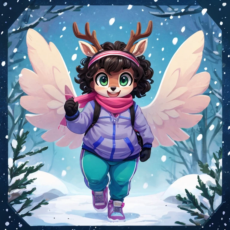 Cute, deer boy, small deer antlers, innocent, chubby, fat, big thighs, androgynous, femboy, short curly hair, black hair, fawn spots, freakles, ((cute)), smiling, wearing cottage core outfit, pastel color scheme, young, cartoony, adorable, deer tail, moss green eyes, angel wings, dynamic pose, excited pose, energetic pose, happy pose, winter, winter clothes, white and blue color scheme, winter colors, snow, ice, snowing, falling snow, snowflakes, wearing quilted bomber jacket in a neutral color over a fleece-lined hoodie in a bold color like cobalt blue or deep red and jogger pants in a matching shade along with a knitted headband, touchscreen-compatible gloves and a casual scarf with sleek, insulated sneakers and a sporty backpack and wireless earbuds for a modern touch,
