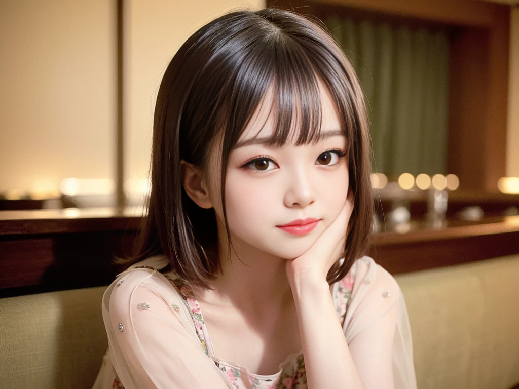 (Highest quality, masterpiece, Ultra-high resolution, 8K, RAW Photos, Realistic, Anatomically correct:1.5), 20-year-old girl:1.2, Embarrassing, avert your eyes, blush:1.0, View Viewer, ((bar)) 、Large windows、Night view、 Light:1.2, Bokeh, Cinema Lighting:1.0, Depth of written boundary, sharp、 Cute face、Idol、Wine colored short sleeve lace top、Black pleated skirt、Shiny wine-colored clothing、”dwarf”、(Floral clothes)、(Full Body Shot)、Side angle、Cowboy Shot、 smile、((Ultra short hair、Berry Short))、(Straight bangs)、((See-through))、(( One Girl))、Waist、I can see your thighs、