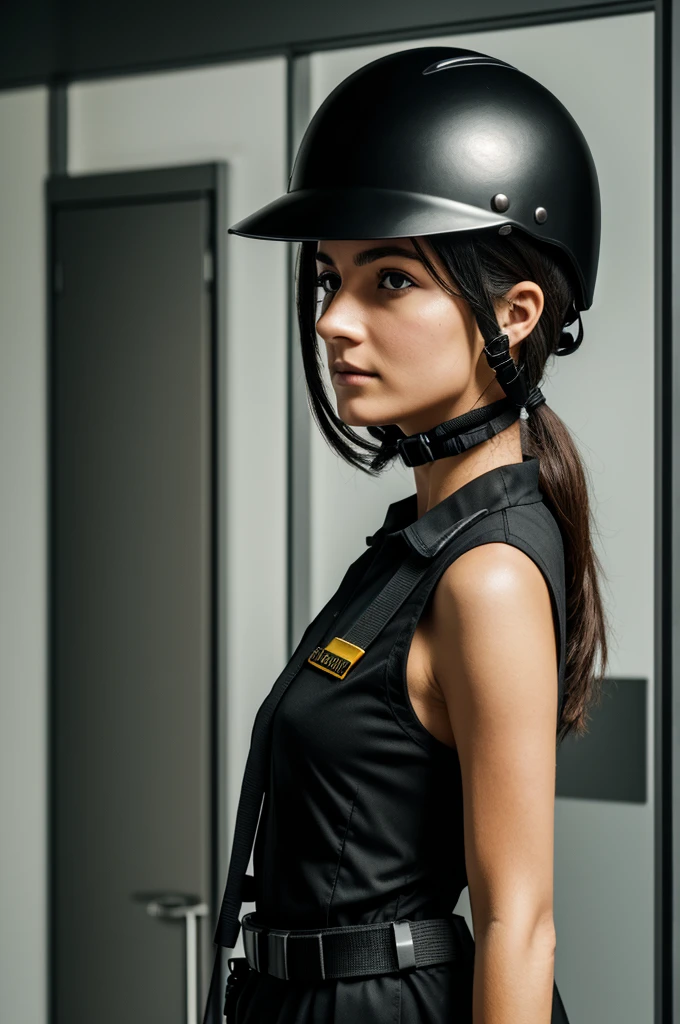 Woman dressed in black SCP foundation guard uniform wearing a helmet on her head