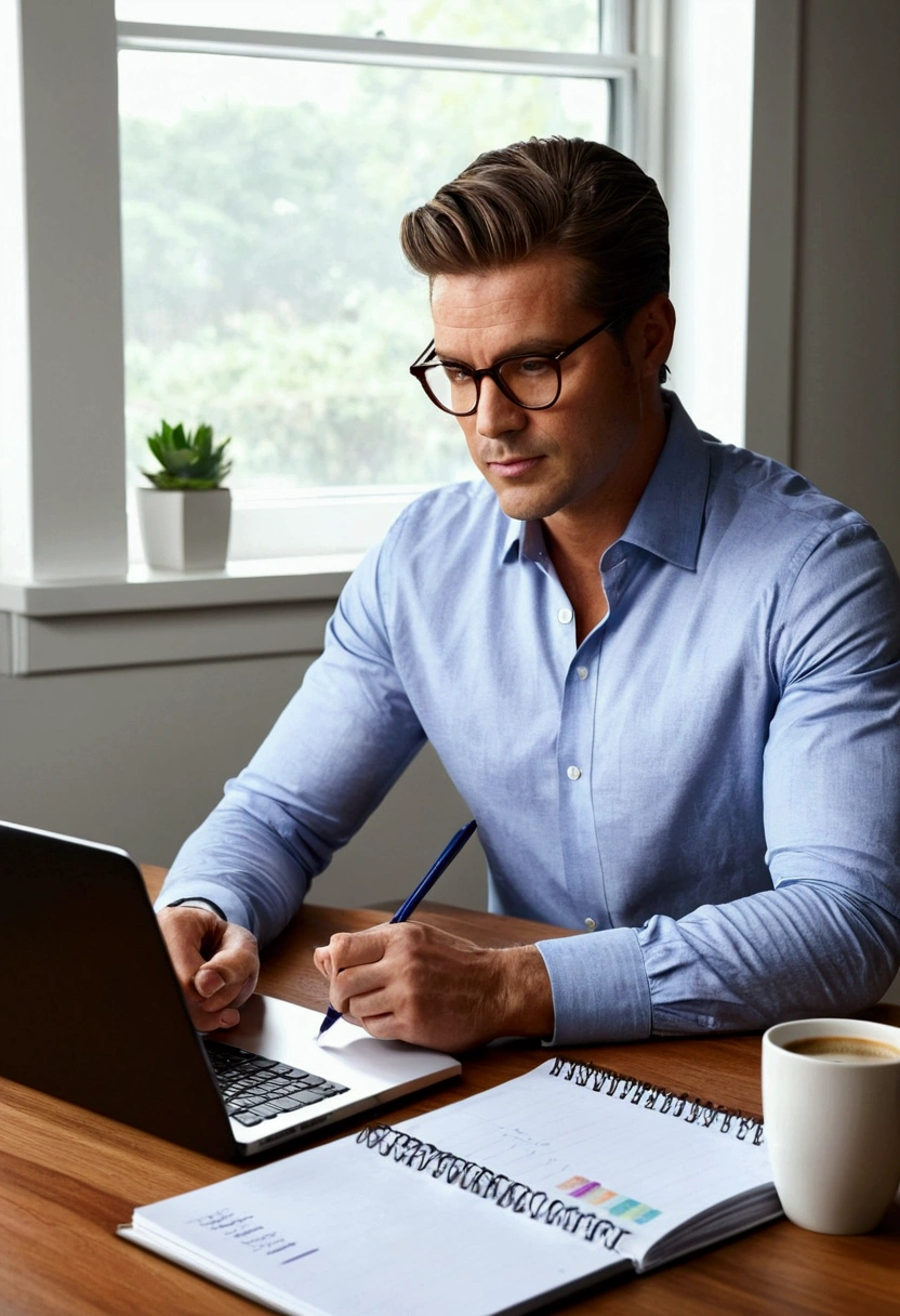Create a realistic, detailed portrait of a handsome man creating a schedule. The man should be seated at a modern desk in a well-lit office environment. He has a confident and focused expression on his face, with eyes that convey determination and clarity. The man is dressed in professional attire, such as a tailored suit or smart casual wear, and has well-groomed hair. He is holding a pen in one hand and writing in a planner or notebook on the desk. The desk is organized and includes elements such as a laptop, a cup of coffee, and a few office supplies. The background features a whiteboard with diagrams and notes, and large windows that let in natural light, creating a bright and productive atmosphere. The lighting is natural and highlights the man's attractive features, emphasizing his dedication to organizing his schedule.
