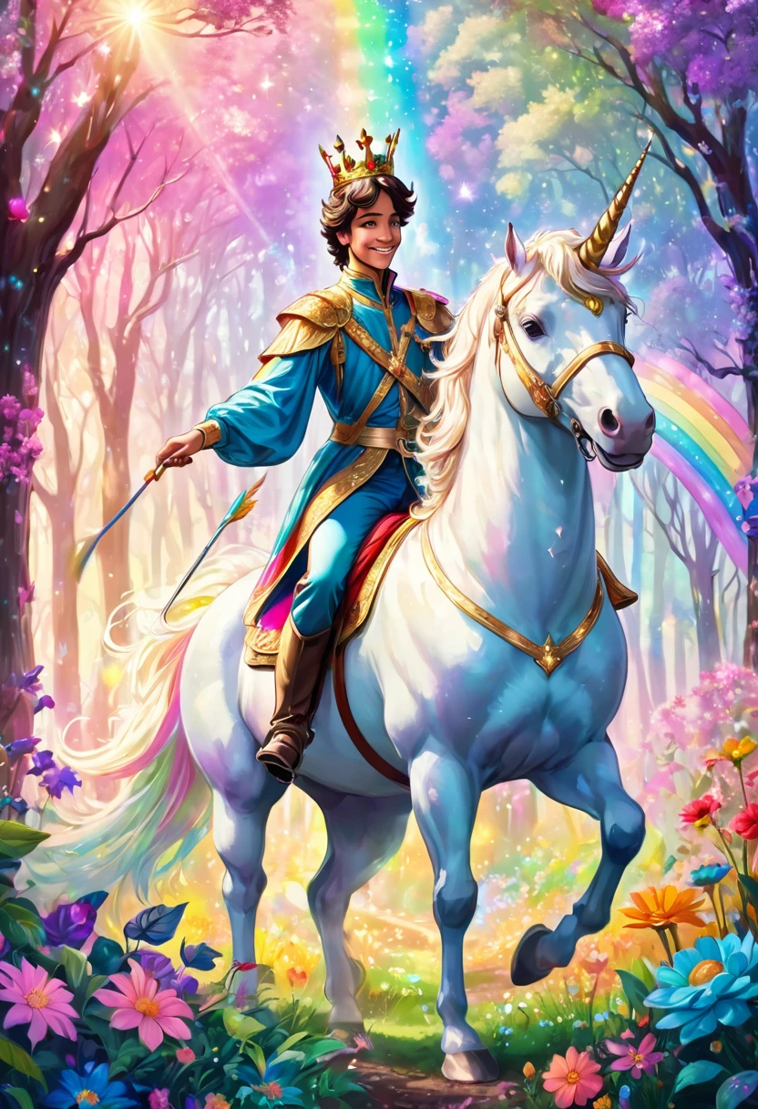 A beautiful prince riding a unicorn in the forest, he is wearing a velvet king's clothes and wearing a crown, surrounded by pastel rainbow light, a mysterious world, fine grains of light, colorful Pastel flowers, plants, smiles, birds, happiness, magical world