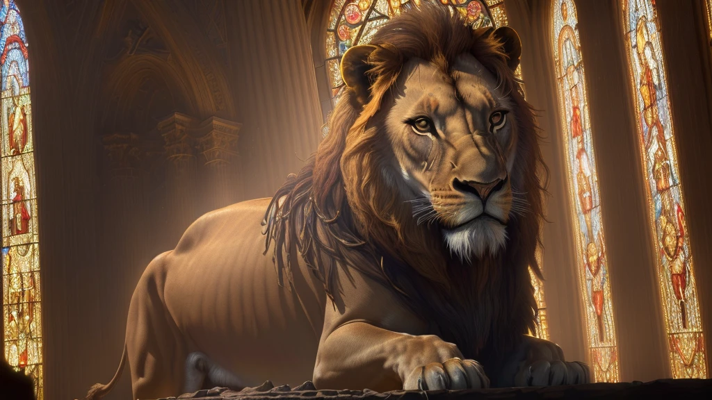 (best quality,4k,8k,highres,masterpiece:1.2),ultra-detailed,(realistic,photorealistic,photo-realistic:1.37),Jesus Christ Crucified,majestic lion,dramatic lighting,chiaroscuro,ornate background,religious art,cathedral interior,stained glass windows,heavenly rays,divine aura,powerful composition,cinematic perspective