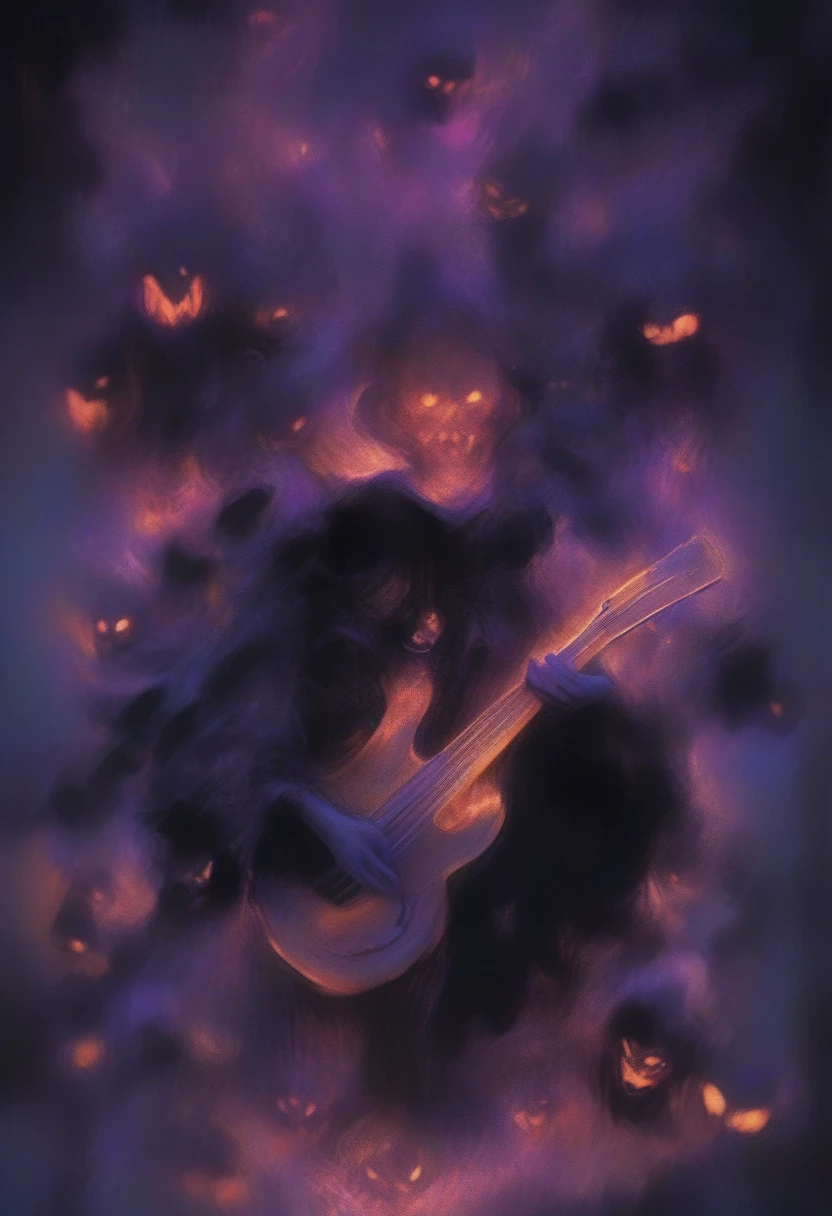Create a vibrant and spookily fun Halloween-themed design. The centerpiece should be a humanoid figure with a carved pumpkin head sporting a mischievous grin. This character should be playing an electric guitar, with details like cables, amplifiers, and sparks of energy around them. The guitar can feature Halloween-themed elements, such as cobwebs and bats. The scene should have a rock concert atmosphere, with dramatic lighting and an audience of supernatural creatures, such as ghosts and zombies, watching the performance. Colors should be bold and contrasting, mainly using shades of orange, black, purple, and lime green.