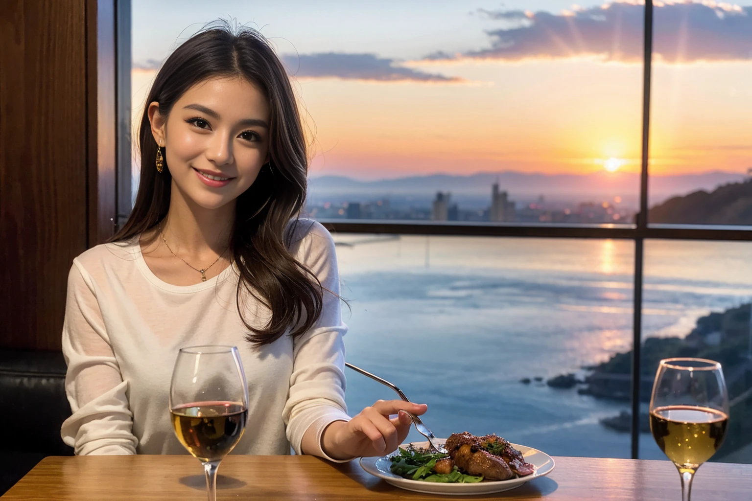 ((Highest quality、8K、masterpiece:1.3))、cute、slimカップル、modelカップル、actress男優、(Realistic, Intricate details:1.2), full-course dinner、Wine Party、Amazing view of the sunset sky and clouds、A bright smile、short hair,Bright Face、 (Age 37), 42 years old, red wine 、Appetizers、Italian food、Wine bottle、Champagne、sparkling wine、Two beauties、Brown Hair、Shortcuts、Long sleeve shirt、dress、Beautiful woman 1, (slimな顔), (The body is slim), (Brown Hair), (Shortcuts), cheeks turn a little red,Attractive beauty、restaurant, In a prominent place (From the waist up) Nova Frog Style, actress, model, Upper Body, White wine, slim, wine glass, 中央に置かれたwine glass, smile, (smile: 1.15), Beautiful fine grain, Depth f/2,saturation, High Contrast, Strong light and shadow,Moist Body:1.5、3D texture、Delicate eyes、Brown Hair、The hair is very shiny、