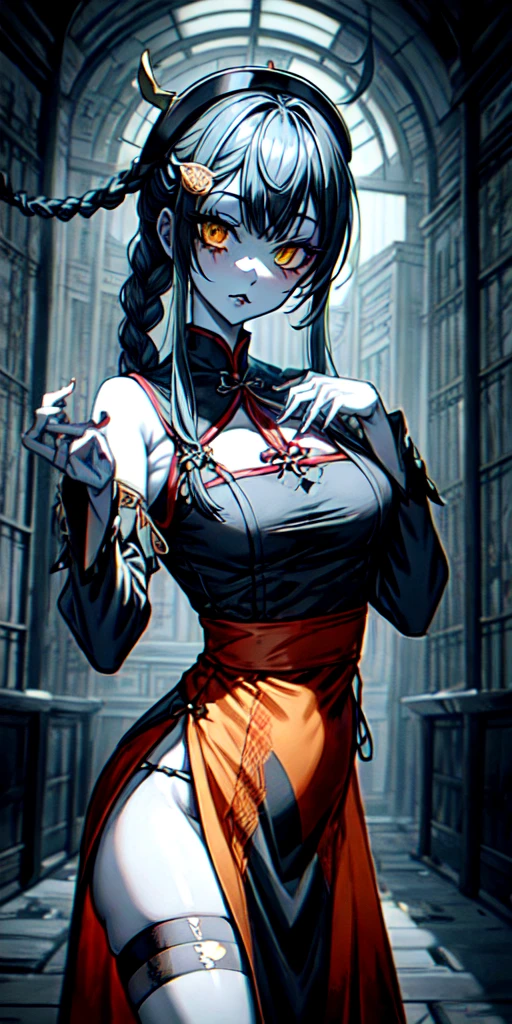 lora:flat:-1.2, masterpiece, best quality, 4k, 8k, 1 woman, solo, pale skin, tall stature, long hair, blunt bangs, side braid, black hair, ugly face, bad face, bad eyes, droopy eyes, unclear eyes, ruby red eyes, lemon yellow eyes, pale skin, black eyeliner, black eye shadow, heterochromia, slender frame, frightened, ofuda, jiangshi costume:1.2, sheath long skirt, China dress, fang, horror, coffin, forest, dark night, stormy weather, fog, from front, cowboy shot, look at viewer, paw pose,
