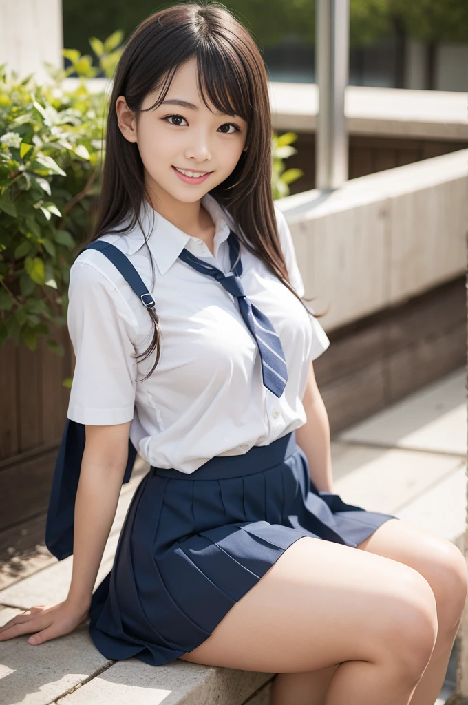 Pure Japanese school girl, attractive, wearing summer uniform, panty,t smile, sitting,
