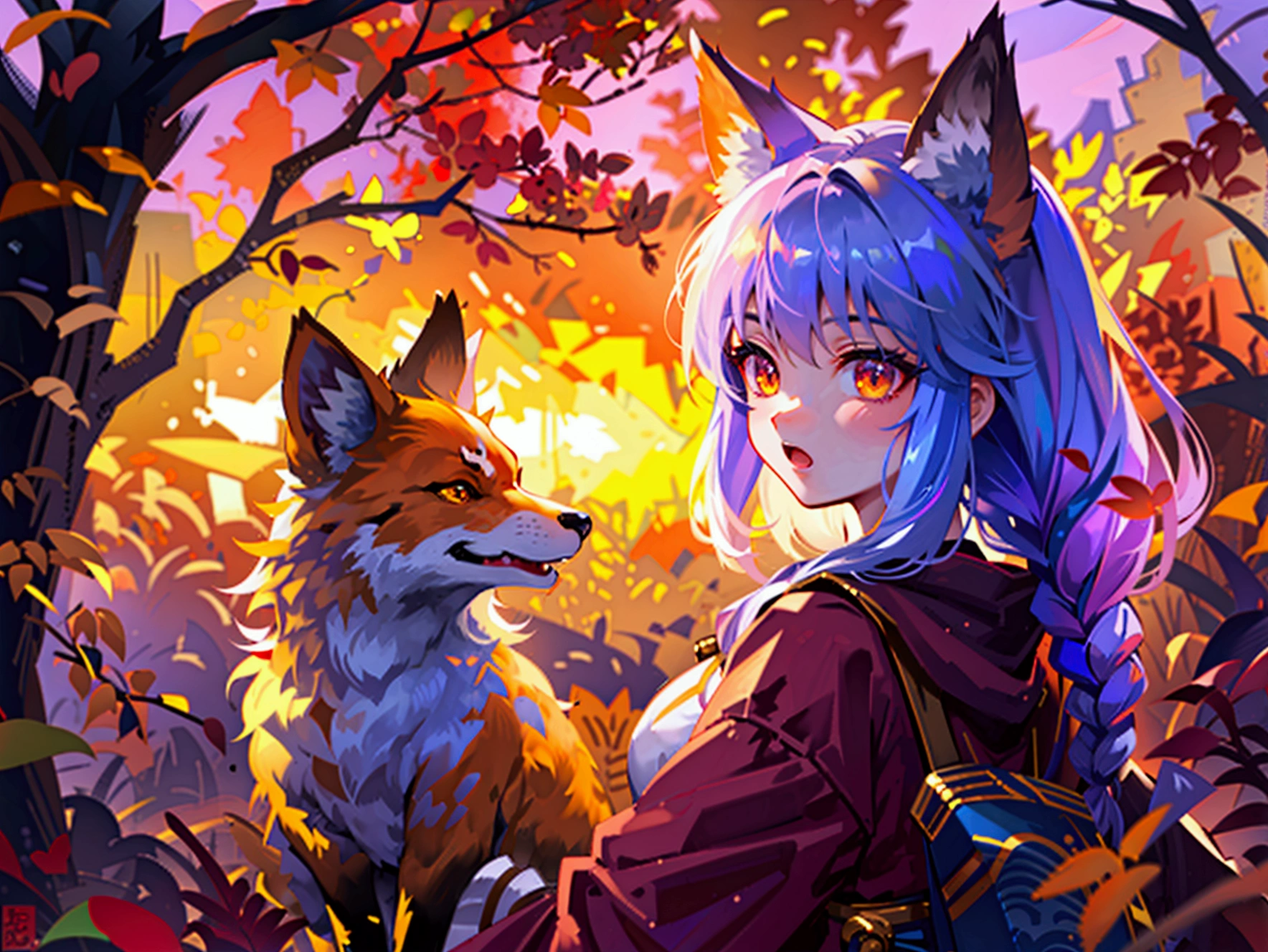 fox Light blue hair 　beast girl　indigo fur　fox beast girl　Sesshomaru, Yellow eyes, Anime, Perfect face, Perfect Lighting, Outdoors, Warm colors, Dark purple sky, Autumn sunset,  \(inuyasha\), Bearing Claw, Ready to fight