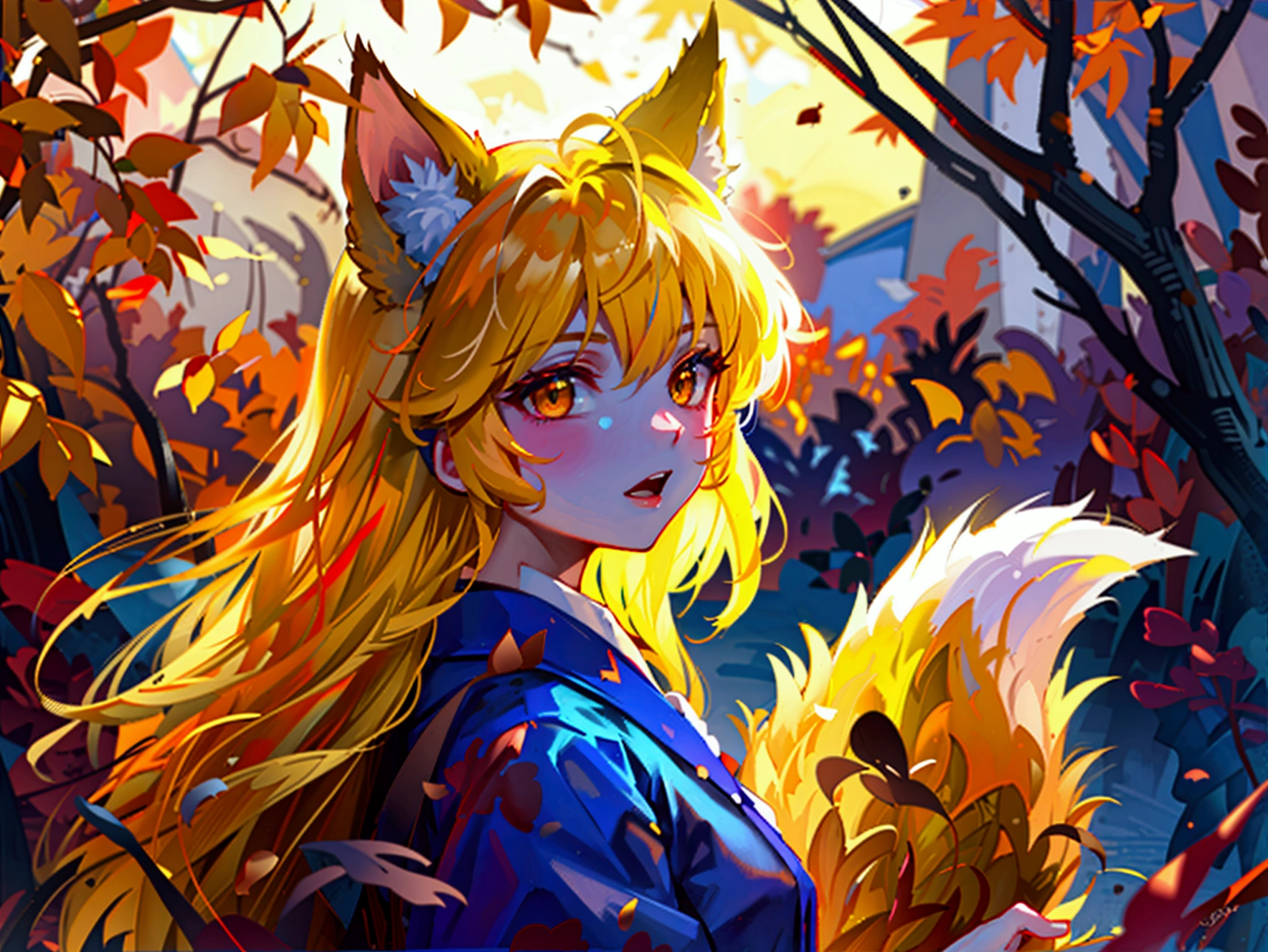 fox Light blue hair beast girl indigo fur fox beast girl Sesshomaru, Yellow eyes, Anime, Perfect face, Perfect Lighting, Outdoors, Warm colors, Dark purple sky, Autumn sunset, \(inuyasha\), Bearing Claw, Ready to fight