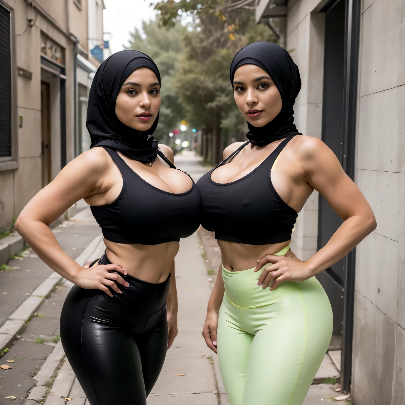 (portrait), side, In an unoccupied empty alley, two exceptionally voluptuous mature 35-year-old  (Muslim) moms proudly (stood side by side showcasing their curves to viewer). Their (muslim) naughty faces radiate innocence and charm, captivating everyone who lays eyes on them. They share the same height and body proportions, adding to their mature synchronicity. Both moms confidently wear provoking vivid ((black tanktops with sports long leggings)) that showcase their sensual energy. Their sports long leggings give a sexy flair to their outfits, perfectly complementing their depraved personalities. Completing their stylish ensemble, they both wear matching black hijabs with black tanktops, adding a touch of sensual fashion to their adorable appearance. their undeniable maturity and striking similarities create an lust-satisfying scene amidst the unoccupied empty alley, leaving a lasting impression on anyone who enters. (cleavage), (sports blacklong leggings), ((parted legs)), ((bare belly))'s, ((both wearing black hijabs)), both wearing black hijabs, both same height, both same body proportions, (seductive faces) (looking at viewer)