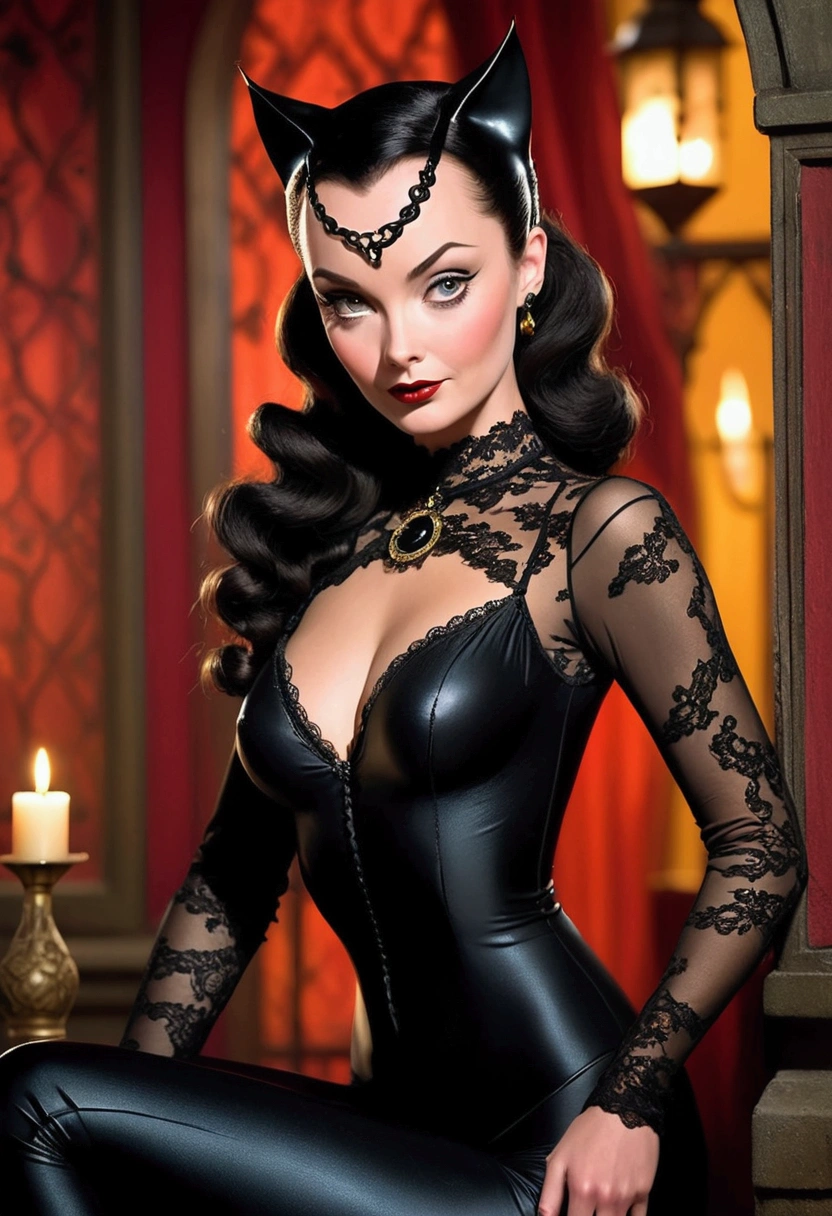 Full body shot Carolyn Jones catwoman, ringlets wavy five feet long black hair, updo hairstyle with ponytail on one side and long hairpins holding the bun long braid, strong thighs, dark red glossy lips, heavy black eye shadow long black eyeliner, long sharp claws, black lace beautiful and creative catwoman bodysuit with no jewels, huge cleavage, clear ears no earrings, no earrings, no earrings, no earrings, no jewels, beautiful forehead lace ornament, posing in a feminine catwoman den, happy expression, dark ambience night time candle lights. No faces on her chest!