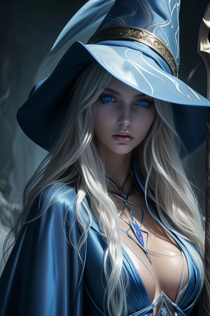 16 year old Romee Strijd dark elf mage, ((ultra-detailed face)), ultra detailed blue eyes, long platinum blonde wavy messy hair, (wizard hat, wizard robes, staff, lightning), (((masterpiece)))