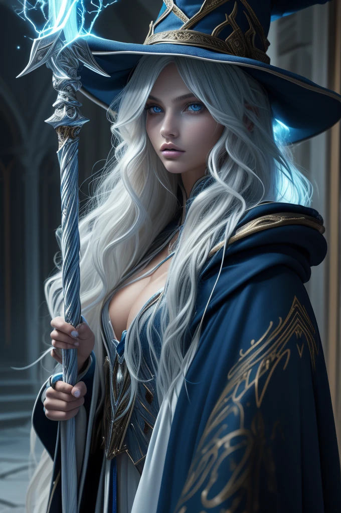 16 year old Romee Strijd dark elf mage, ((ultra-detailed face)), ultra detailed blue eyes, long platinum blonde wavy messy hair, (wizard hat, wizard robes, staff, lightning), (((masterpiece)))