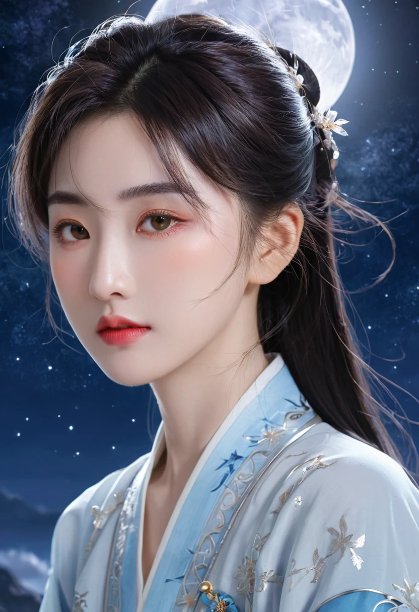 In a painting of Jiangtianxingyue,A highly concentrated beauty, Concept art inspired by Tosa Mitsuka, Pixiv competition winner, best quality, Fantasy Art, Beautiful anime scene, A bright moon, Starry Sky environment in the moonlight, dream, Anime Background art, Dream landscape painting, A wonderful night, Anime Background, Background artwork, Wonderful Art, Atmospheric animation, Starry Sky, Detail Enhancement.