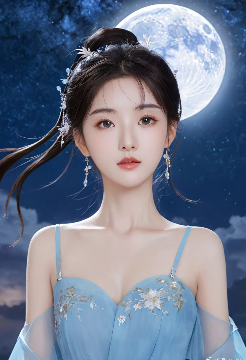 In a painting of Jiangtianxingyue，A highly concentrated beauty, Concept art inspired by Tosa Mitsuka, Pixiv competition winner, best quality, Fantasy Art, Beautiful anime scene, A bright moon, Starry Sky environment in the moonlight, dream, Anime Background art, Dream landscape painting, A wonderful night, Anime Background, Background artwork, Wonderful Art, Atmospheric animation, Starry Sky, Detail Enhancement.  