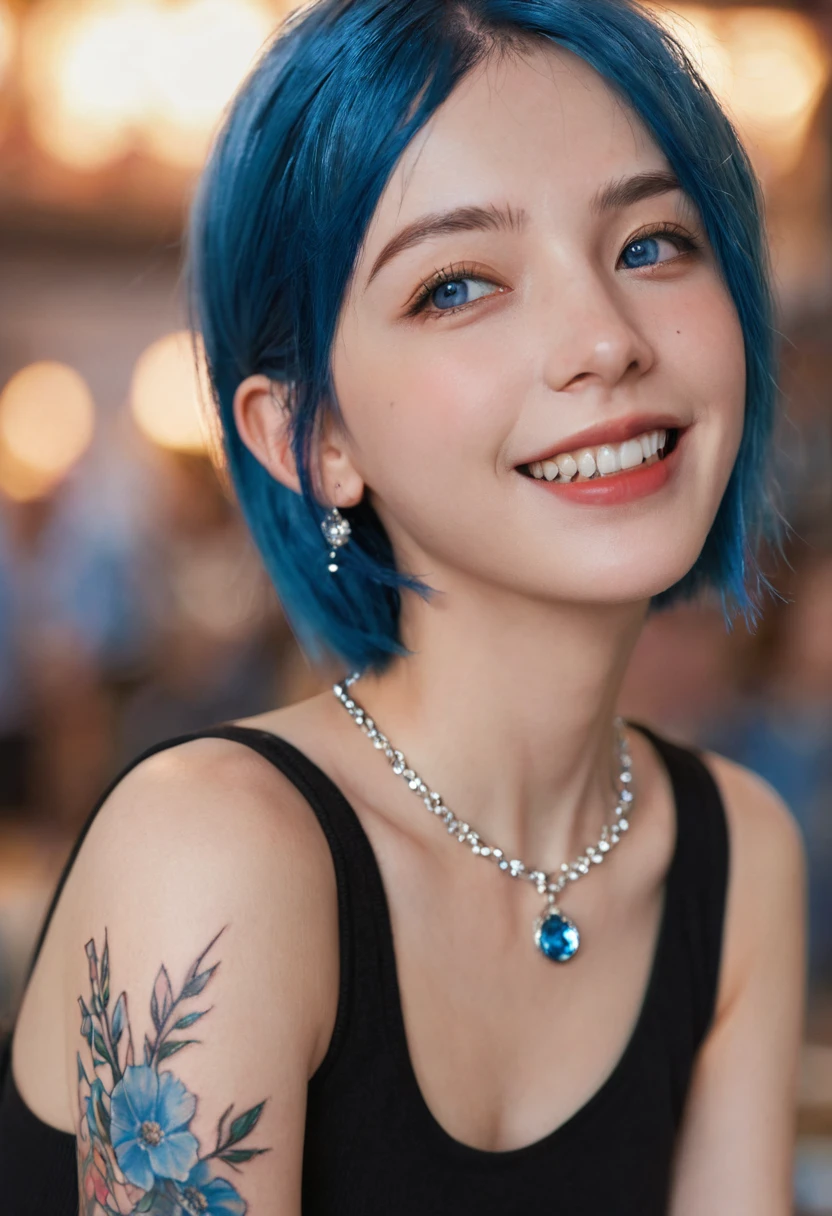 masterpiece, best quality, high quality, Very detailed CG uniform 8k wallpaper, 1 Girl, Solitary, Blue Hair, Tattoo, short hair, have, Jewelry, Smile, necklace, Looking at the audience, have, Practical, open mouth, teeth, Upper Body, Vest, nose, Bare shoulders, Artist Name, Black headdress, clavicle, arm Tattoo, blue eyes, Lips, Vague, painting, Award-winning photography, Bokeh, Depth of Field, Human Development Report, bloom, Chromatic Aberration, realism, Very detailed, artstation Intricacy, High Detail, dramatic, midjourney's Artwork