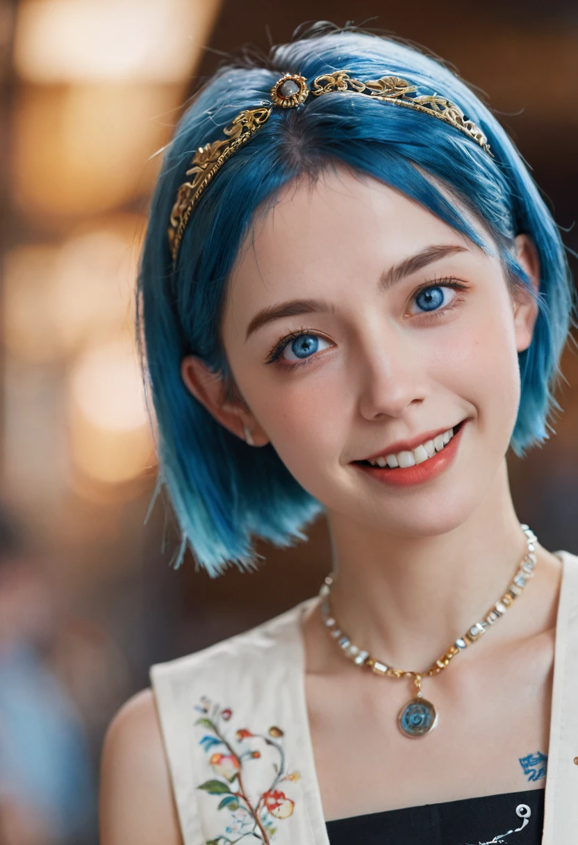 masterpiece, best quality, high quality, Very detailed CG uniform 8k wallpaper, 1 Girl, Solitary, Blue Hair, Tattoo, short hair, have, Jewelry, Smile, necklace, Looking at the audience, have, Practical, open mouth, teeth, Upper Body, Vest, nose, Bare shoulders, Artist Name, Black headdress, clavicle, arm Tattoo, blue eyes, Lips, Vague, painting, Award-winning photography, Bokeh, Depth of Field, Human Development Report, bloom, Chromatic Aberration, realism, Very detailed, artstation Intricacy, High Detail, dramatic, midjourney&#39;s Artwork