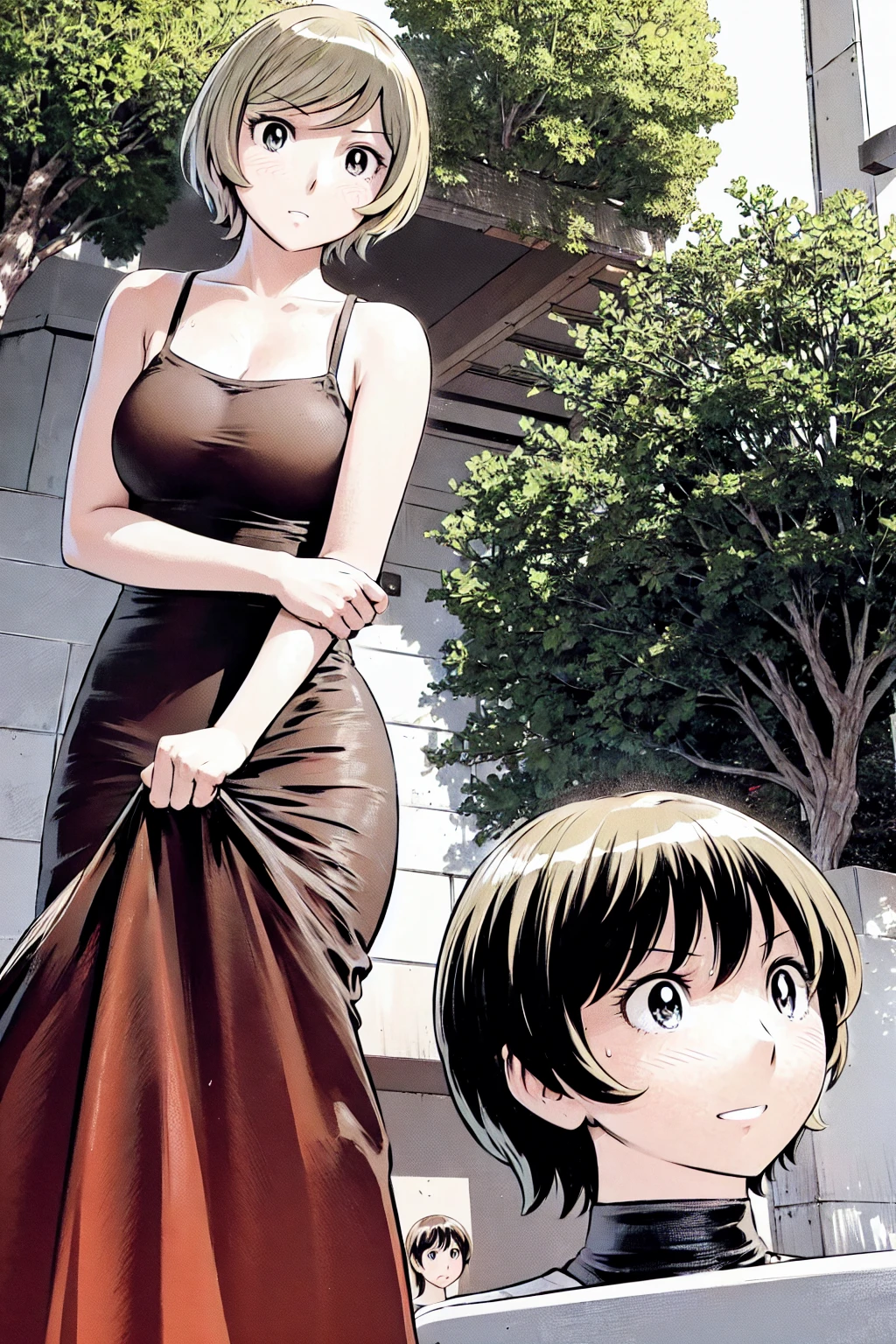 、(masterpiece、Highest quality)、Highest quality, Ultra-high resolution, (((masterpiece))), alone, Sweat、Big eyes, Sleeveless、Outdoor、Floral Dress、Composition from the front、(後ろCut your hair short、short hair、blonde、woman)、Shortcuts、Embarrassed face、Cut your hair short、可愛いwomanの子、Big Breasts、Browsing Caution