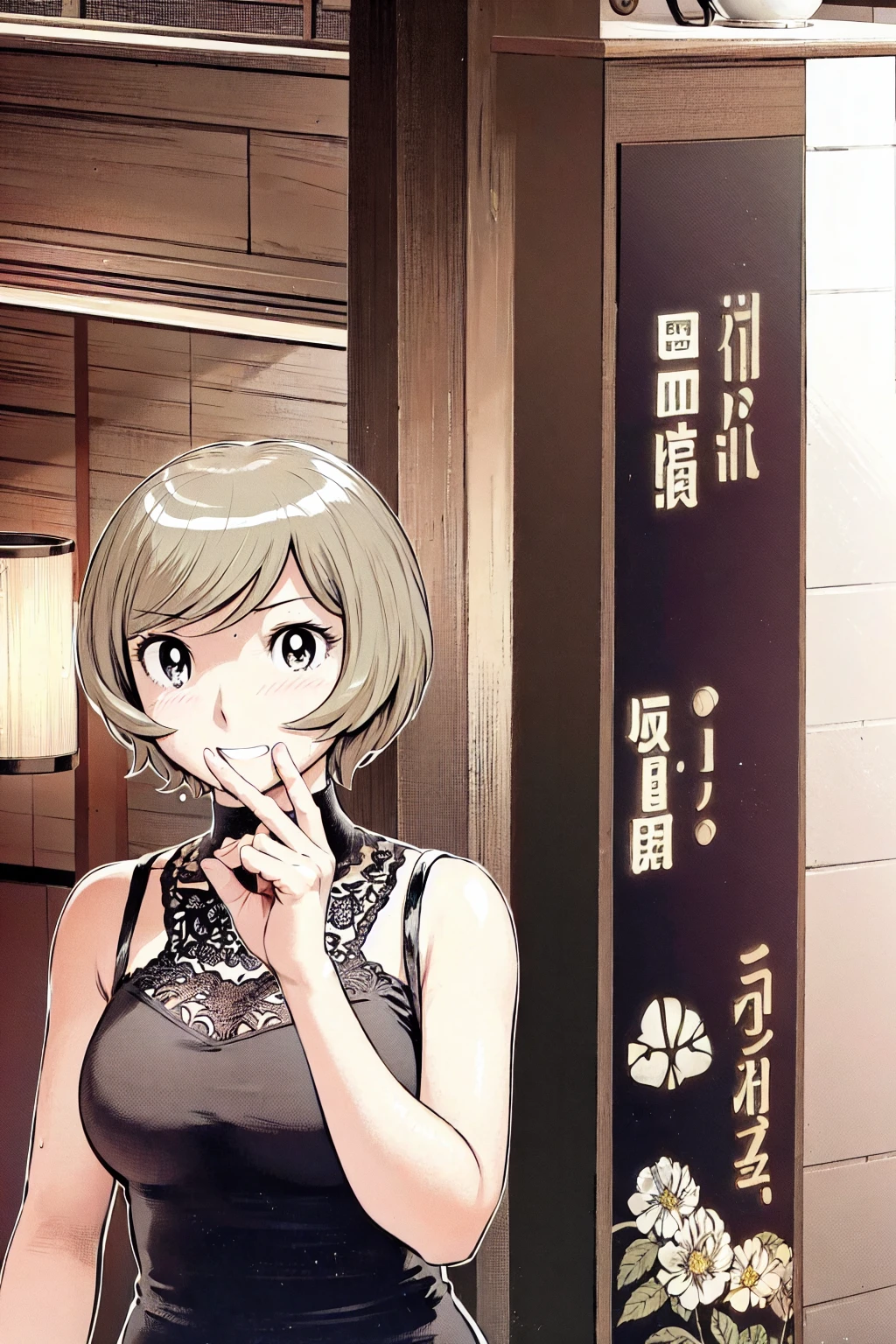 、(masterpiece、Highest quality)、Highest quality, Ultra-high resolution, (((masterpiece))), alone, Sweat、Big eyes, Sleeveless、Outdoor、Floral Dress、Composition from the front、(後ろCut your hair short、short hair、blonde、woman)、Shortcuts、Embarrassed face、Cut your hair short、可愛いwomanの子、Big Breasts、Browsing Caution