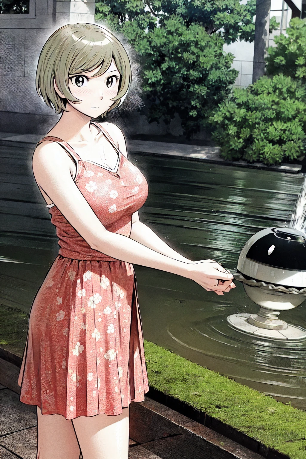 、(masterpiece、Highest quality)、Highest quality, Ultra-high resolution, (((masterpiece))), alone, Sweat、Big eyes, Sleeveless、Outdoor、Floral Dress、Composition from the front、(後ろCut your hair short、short hair、blonde、woman)、Shortcuts、Embarrassed face、Cut your hair short、可愛いwomanの子、Big Breasts、Browsing Caution