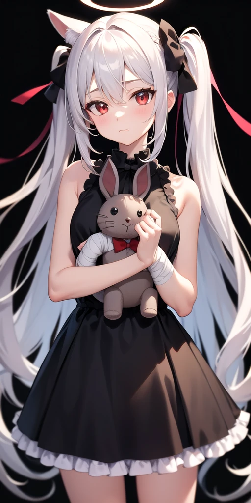 masterpiece,best quality,high quality,(colorful),[Artist onineko],[Artist chen bin],[Artist agwing86],Artist rurudo, 1girl, halo, twintails, stuffed toy, solo, stuffed animal, long hair, looking at viewer, stuffed rabbit, sleeveless, bare shoulders, red eyes, bow, hair bow, page number, braid, dress, holding, black bow, frills, closed mouth, simple background, holding stuffed toy, white hair, grey hair, bandages, bowtie, black skirt, ribbon, sleeveless dress, white shirt, black background, shirt, hair between eyes, bare arms