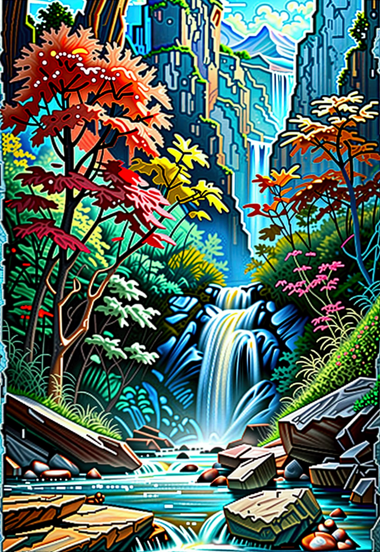 There is a forest stream in the painting,There is a waterfall in the middle, inspired author:mark keathley, Amazing depth, darrell k sweet, Forest and waterfall, Inspired by Christoph Wach, Mysterious canyon streams, 2 0 2 0 Winning Paintings, 2021 Winning Paintings, 2 0 2 1 Winning Painting, author:mark keathley, Cascade