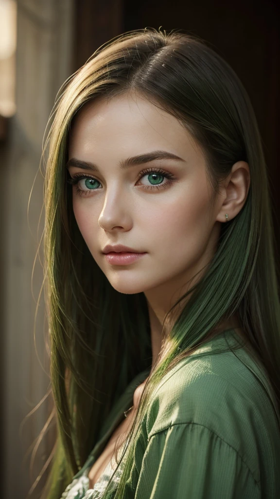 portrait, a European woman, highly detailed facial features, Captivating eyes, oval face, her hair is entirely green, Her face is very charming, wistful charm, flawless complexion, looking straight at the viewer