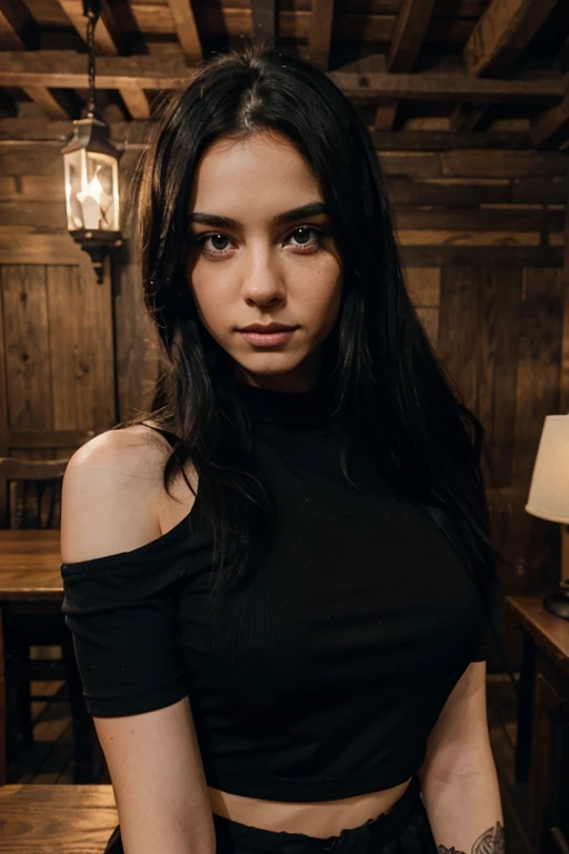 Portrait of a mysterious emo woman in her 20s. She is Canadian and very beautiful, with Caucasian skin and long straight black hair. Her eyes are light blue painted with a black outline, black tears run from his bright eyes. She wears a typical emo outfit, a white t-shirt with a black skull figure, black and pink checkered miniskirt. The photo is taken in a medieval style tavern with a wooden table and chairs and torches on the stone wall. she holds a dagger in her hand under the wooden table.