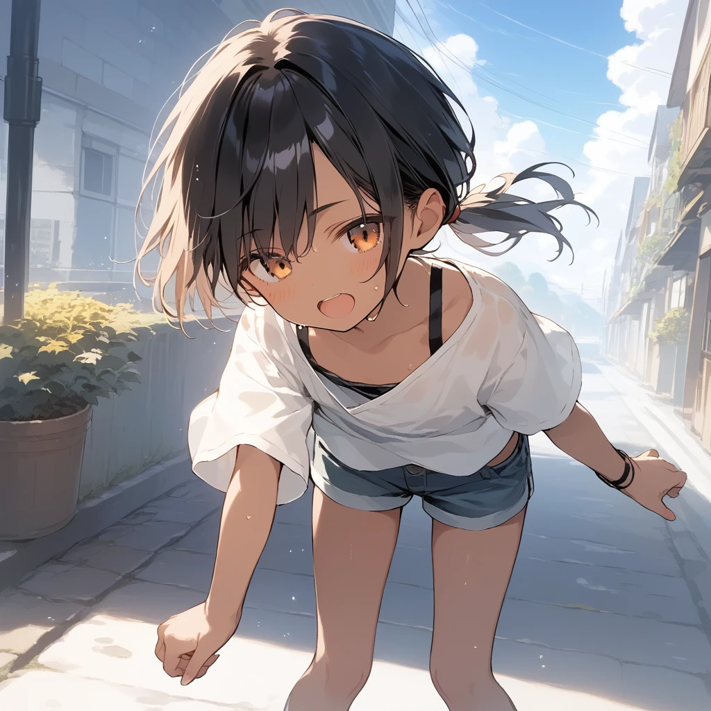 score_9, score_8_up, score_7_up, source_anime, best quality, masterpiece, official art, absurdres, highres, ultra-detailed,waifu2x,Collection: Slice of Life,break,1girl, tomboy, dark-skinned female, short hair, low ponytail, flat chest, beautiful detailed eyes, short shorts, sweat, open mouth, (yawn:0.3), sleepily, outdoors, wind,break,(clear line illustration:1.2), super detailed skin,very high resolution, very aesthetic, Best sexual lighting powered by famous artist, 8k,cute picture,beauty illustration,photoshop_(medium),,(Detailed Lighting),best anime 8k konachan wallpaper, pixiv contest winner,