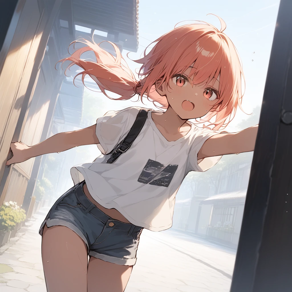 score_9, score_8_up, score_7_up, source_anime, best quality, masterpiece, official art, absurdres, highres, ultra-detailed,waifu2x,Collection: Slice of Life,break,1girl, tomboy, dark-skinned female, short hair, low ponytail, flat chest, beautiful detailed eyes, short shorts, sweat, open mouth, (yawn:0.3), sleepily, outdoors, wind,break,(clear line illustration:1.2), super detailed skin,very high resolution, very aesthetic, Best sexual lighting powered by famous artist, 8k,cute picture,beauty illustration,photoshop_(medium),,(Detailed Lighting),best anime 8k konachan wallpaper, pixiv contest winner, 