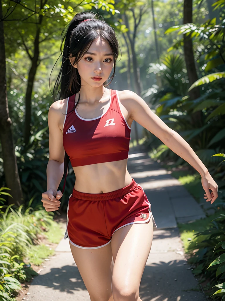 1 girls A photorealistic image of a female Asian runner in her early 20s, running on a scenic mountain trail. She has long, black hair tied in a ponytail and is wearing a bright red tank top and black running shorts. She also has a red visor and a white water bottle strapped to her waist. Her expression is one of determination and focus as she powers up the trail. The background is a lush green forest with tall trees and a winding trail. The lighting is bright and sunny, with dappled sunlight filtering through the trees. Photograph taken by Sony 85mm f/1.2
sky,street,Raw, cinematic shot, (sharp focus:1.5), (photorealistic:1.4), twilight lighting, volumetric lighting, ultra high res, 16K,dramatic lighting,