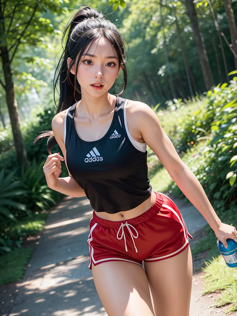 1 girls A photorealistic image of a female Asian runner in her early 20s, running on a scenic mountain trail. She has long, black hair tied in a ponytail and is wearing a bright red tank top and black running shorts. She also has a red visor and a white water bottle strapped to her waist. Her expression is one of determination and focus as she powers up the trail. The background is a lush green forest with tall trees and a winding trail. The lighting is bright and sunny, with dappled sunlight filtering through the trees. Photograph taken by Sony 85mm f/1.2
sky,street,Raw, cinematic shot, (sharp focus:1.5), (photorealistic:1.4), twilight lighting, volumetric lighting, ultra high res, 16K,dramatic lighting,