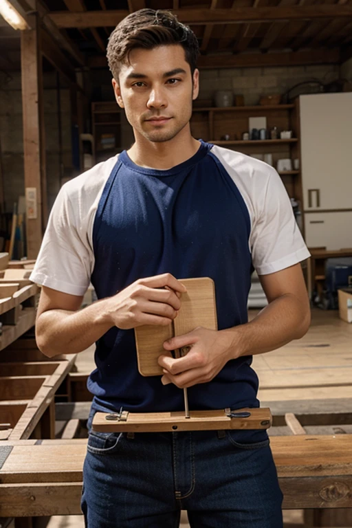 Create an anime of a male carpenter assembling melamine furniture