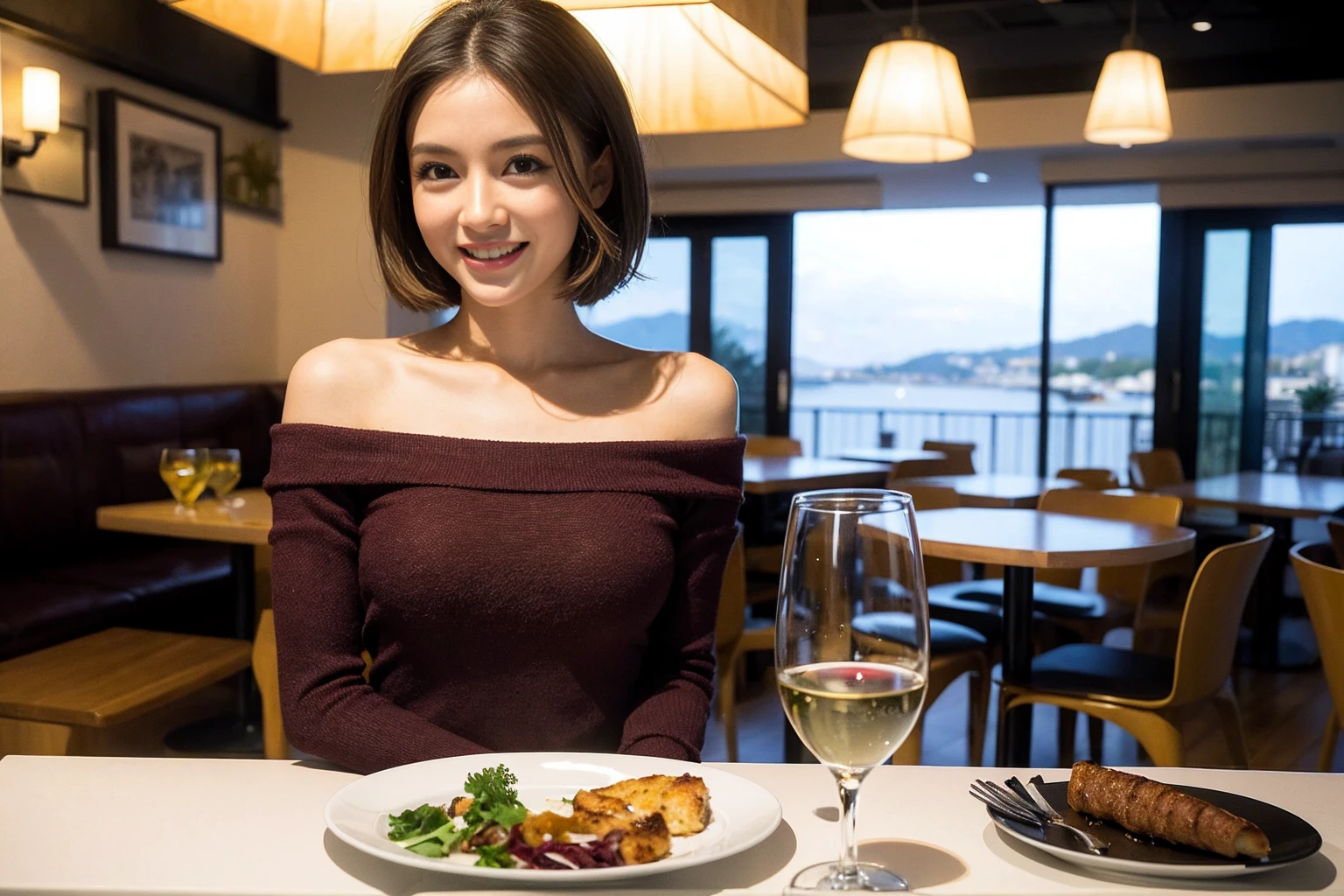 ((Highest quality、8K、masterpiece:1.3))、cute、slimカップル、modelカップル、actress男優、(Realistic, Intricate details:1.2), full-course dinner、Wine Party、Amazing view of the sunset sky and clouds、A bright smile、short hair,Bright Face、 (Age 45), 42 years old, red wine 、Appetizers、Italian food、Wine bottle、Champagne、sparkling wine、Two beauties、Brown Hair、Shortcuts、Long sleeve shirt、dress、Beautiful woman 1, (slimな顔), (The body is slim), (Brown Hair), (Shortcuts), cheeks turn a little red,Attractive beauty、restaurant, In a prominent place (From the waist up) Nova Frog Style, actress, model, Upper Body, White wine, slim, wine glass, 中央に置かれたwine glass, smile, (smile: 1.15), Beautiful fine grain, Depth f/2,saturation, High Contrast, Strong light and shadow,Moist Body:1.5、3D texture、Delicate eyes、Brown Hair、The hair is very shiny、