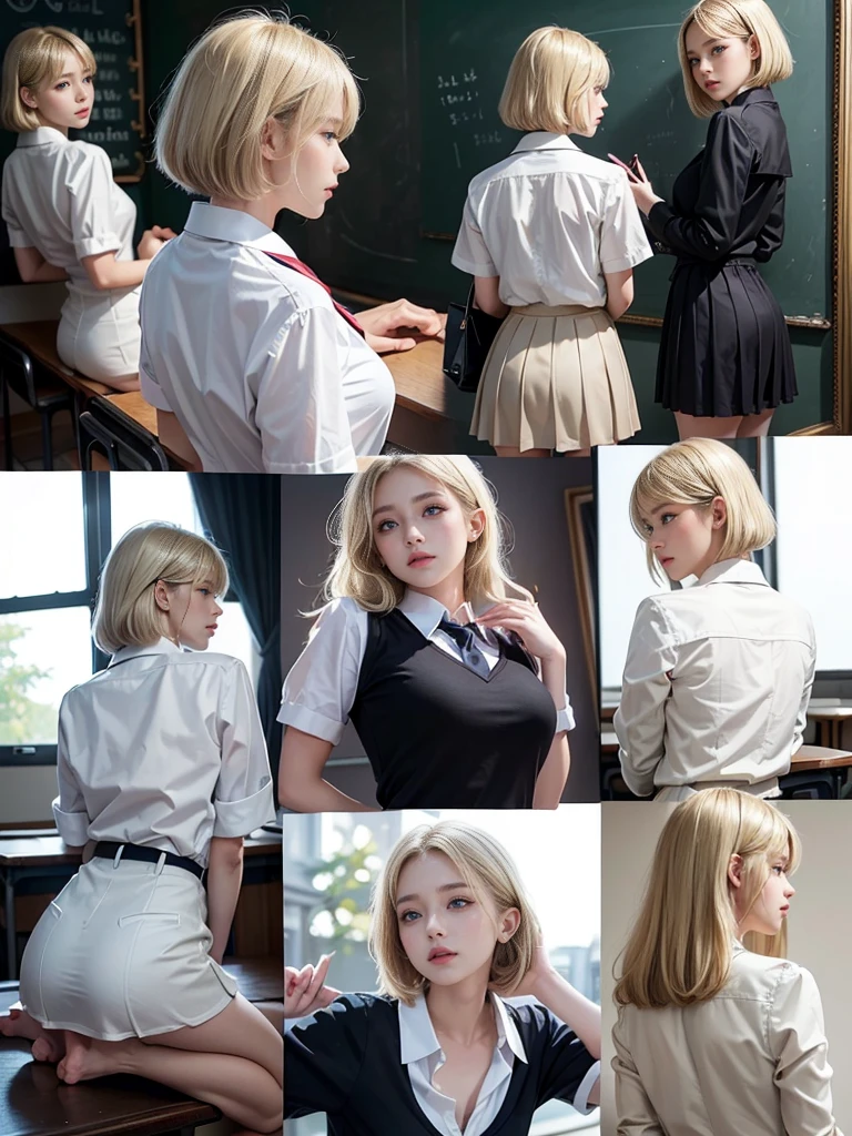 (real:1.5)、( face, virgin face, masterpiece, 1 Girl, Very detailed, Fine skin, White skin, Lighten up the subject, Movie Light, beautiful face, Beautiful Eyes, Lip gloss), (((Ash Blonde Hair)))、((Short Bob))、(school uniform:1.5)、(Black lingeries:1.3)、(thron:1.3)、barefoo、Blunt bangs,blue eyes, (((large natural breasts))), ((full body))、on a bed 、(back view :1.5)、(from below:1.3)