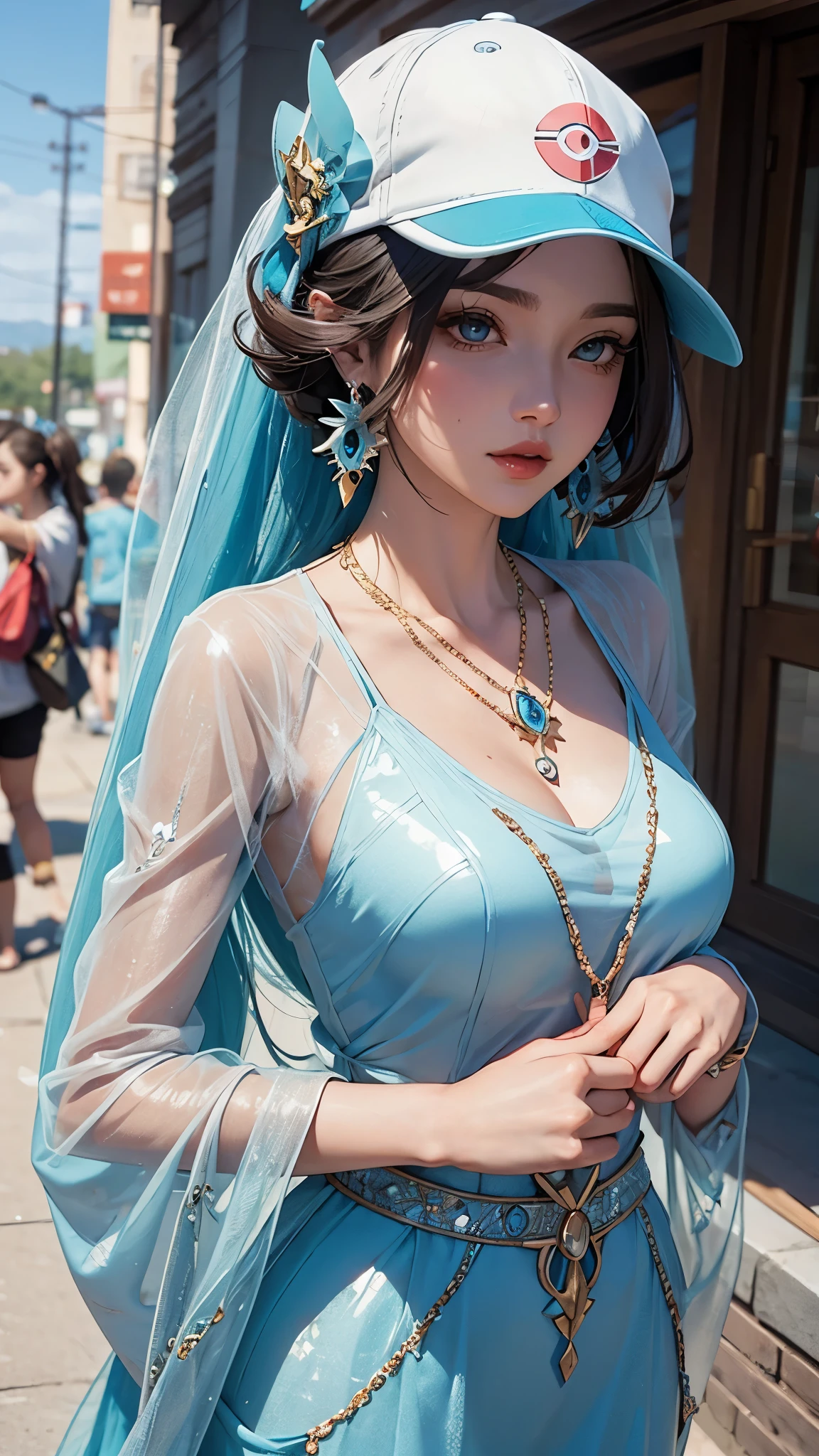 (pokemon style:1.2), (beautiful woman:1.1), detailed face, normal build, she's wearing see-through clothes, pendant, earrings,