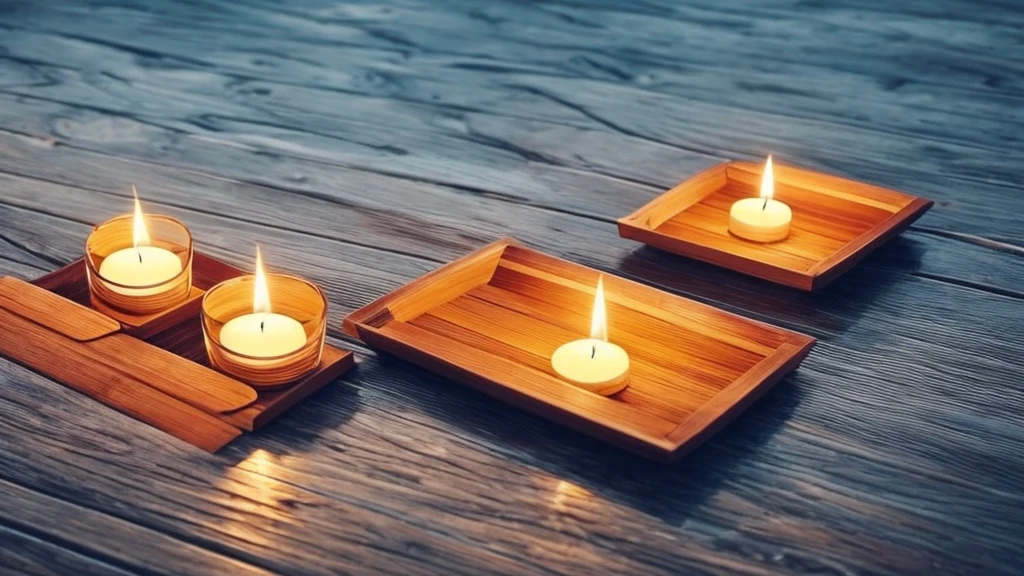 there are two candles that are sitting on a bamboo raft, a digital rendering by Igor Grabar, trending on pixabay, environmental art, peaceful ambience, hd wallpaper, glowing candles, background artwork, beautiful wallpaper, zen natural background, relaxing atmosphere, peaceful atmosphere, beautiful ambience, high-quality wallpaper, candles, high quality wallpaper, beautiful ambiance, floating candles