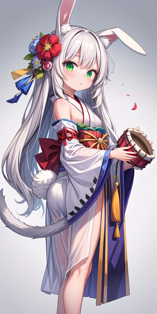 1girl, animal ears, drum, green eyes, white hair, rabbit ears, solo, transparent background, japanese clothes, hair ornament, tail, flower, hair flower, masterpiece,best quality,very aesthetic,absurdres
