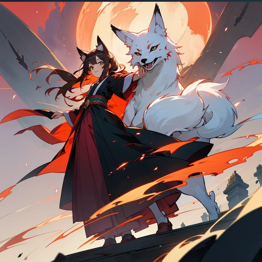 kawaii, anime, Cute, hyper quality, highly detailed, 16k, Front facing, Clarity, full body, smile, Inciting point of view, fox, A girl and a pure white fox, long brown hair, green eyes, yukata, cobblestone, red torii, A row of red torii gates, creepy laughter, worship path, cloudless dusk, Red Moon, A large number of black crows fly overhead, The black feathers of the crow are dancing, Shining big tree, Fantastic, evening, I have a pure white fox, White plum blossoms at my feet, carrying a fox, turn half your body, red sky without clouds, ominous, fox ears, wear a fox mask on your head, lined with trees, Crow wings grow on the girl's back, row of tall trees, light dances, spark effect, white kiwi flowers at my feet,