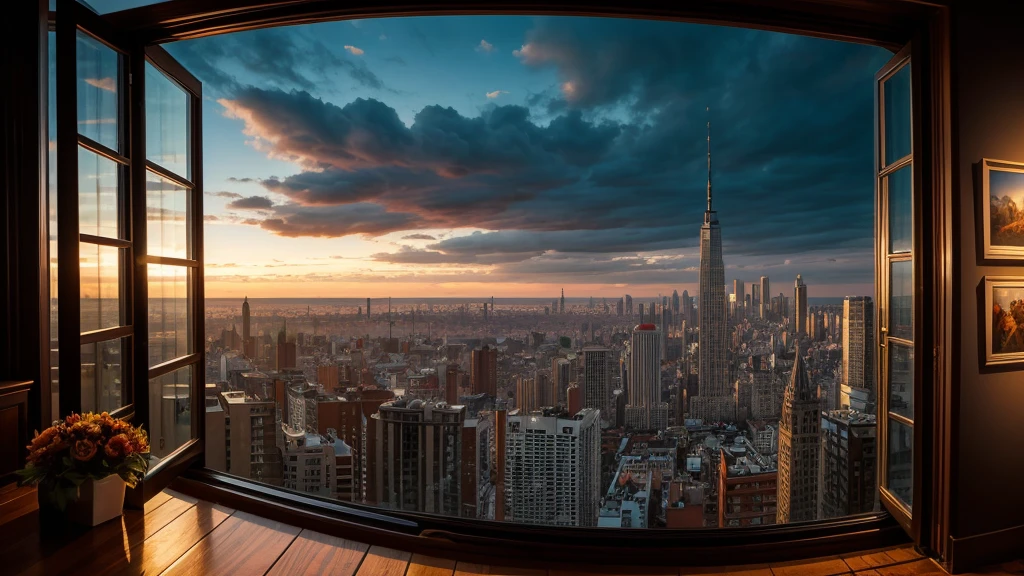 art gallery in a skyscaper, gothic style paintings, dark, on the background a window that sees the modern city below, best quality