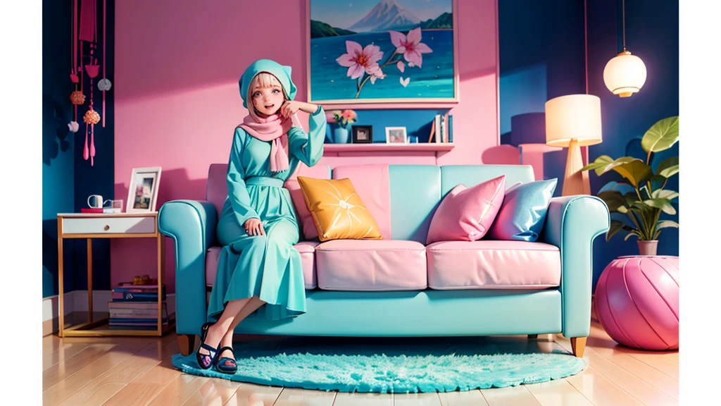 24-year-old girl, a wide smile with a modern-colored long hijab, a long skirt, beautiful shoes, and a sofa in a cozy, quiet, modern-colored well-lightened apartment.