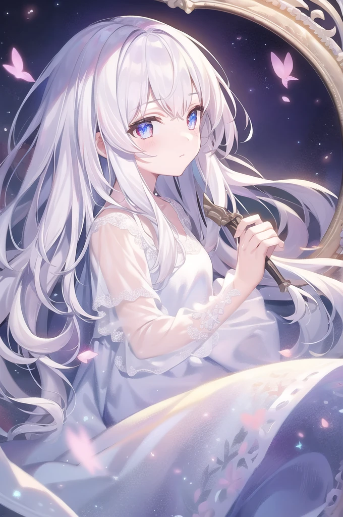 ((masterpiece, best quality))++, Detailed lighting+,  Detailed hair+, Detail hand+ ,1 girl, Miss, Long hair,   Crimson eyes,  beautiful eyes, young white hair,,(Beautiful white hair:1.5),(Beautiful and delicate eyes),  high resolution+,glass tint, Reflective eyes,   {{angle}} , Very detailed wallpaper, The original, Air bangs，Extremely beautiful CG，black worksuit，Firefly，Galaxy，Shattered like a mirror
