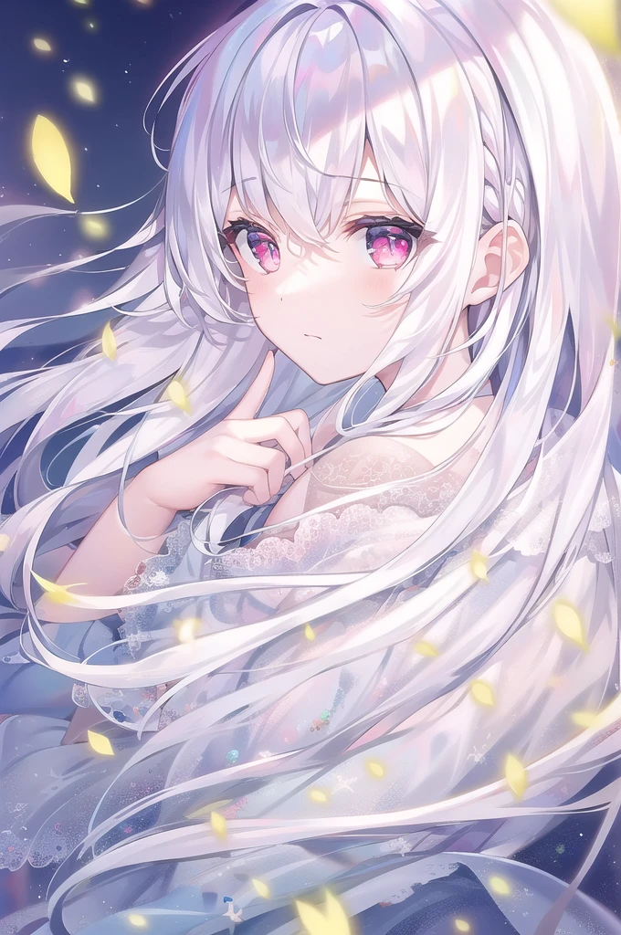 ((masterpiece, best quality))++, Detailed lighting+,  Detailed hair+, Detail hand+ ,1 girl, Miss, Long hair,   Crimson eyes,  beautiful eyes, young white hair,,(Beautiful white hair:1.5),(Beautiful and delicate eyes),  high resolution+,glass tint, Reflective eyes,   {{angle}} , Very detailed wallpaper, The original, Air bangs，Extremely beautiful CG，black worksuit，Firefly，Galaxy，Shattered like a mirror
