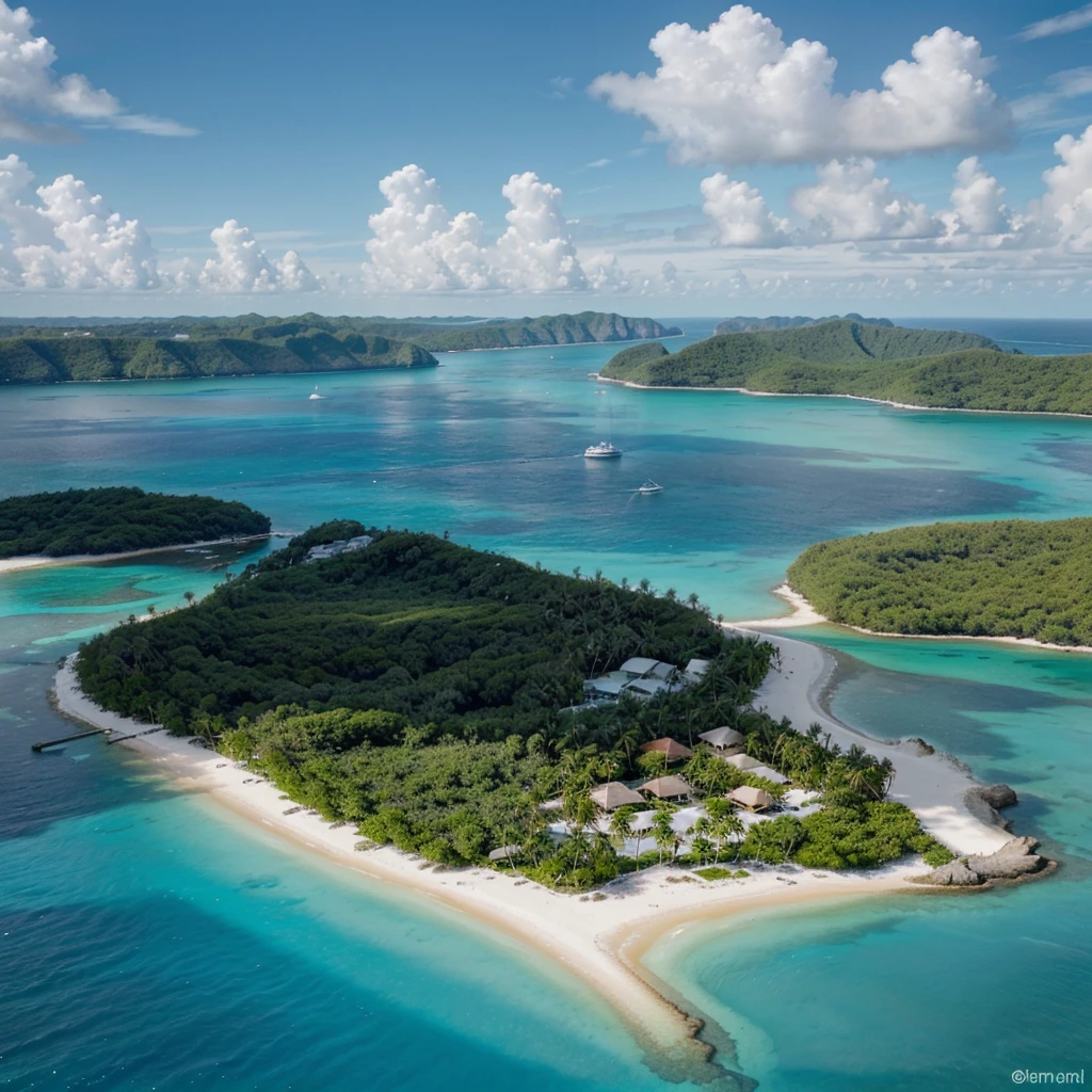 "Generates an image of a tropical island with white sand beaches and crystal clear waters. The island must have lush vegetation, including palm trees and tropical plants. Must include white sand beaches, turquoise waters, and dense vegetation. There may also be rock formations or cliffs, and optionally, small wooden cabins. The environment should have a clear blue sky with some white clouds and possibly birds flying. There may be views of other islands in the distance or on the horizon. Lighting should be natural, reflecting a specific time of day such as morning, afternoon or evening, and the environment should be calm and paradisiacal with reflections of the sun in the water for a brilliant effect."