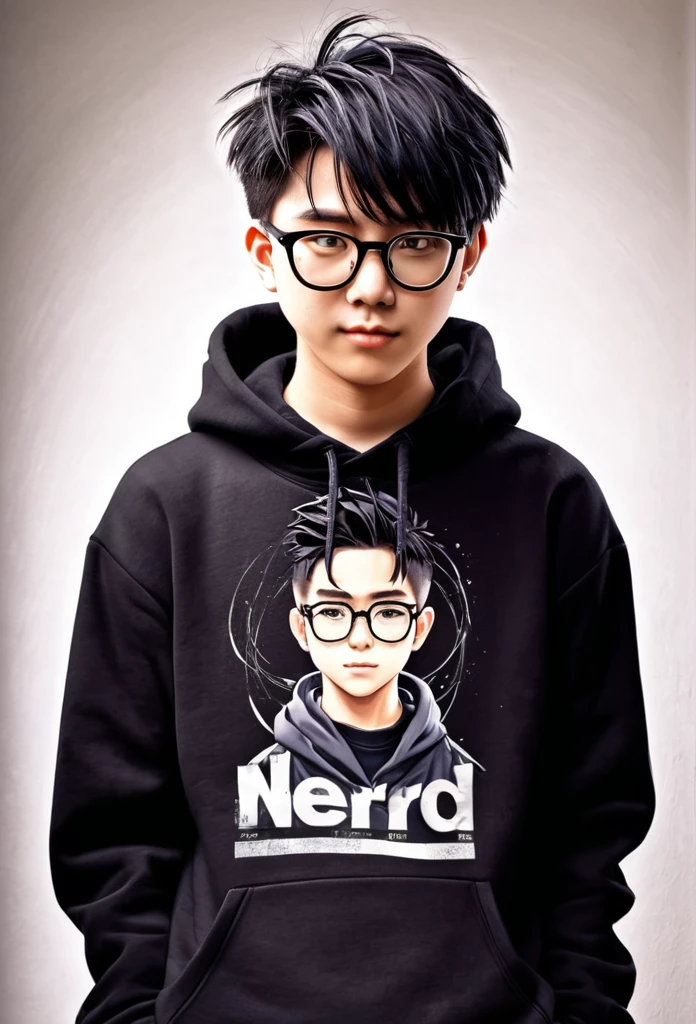 anime character, boy with glasses and black sweatshirt, nerd style, work of art.