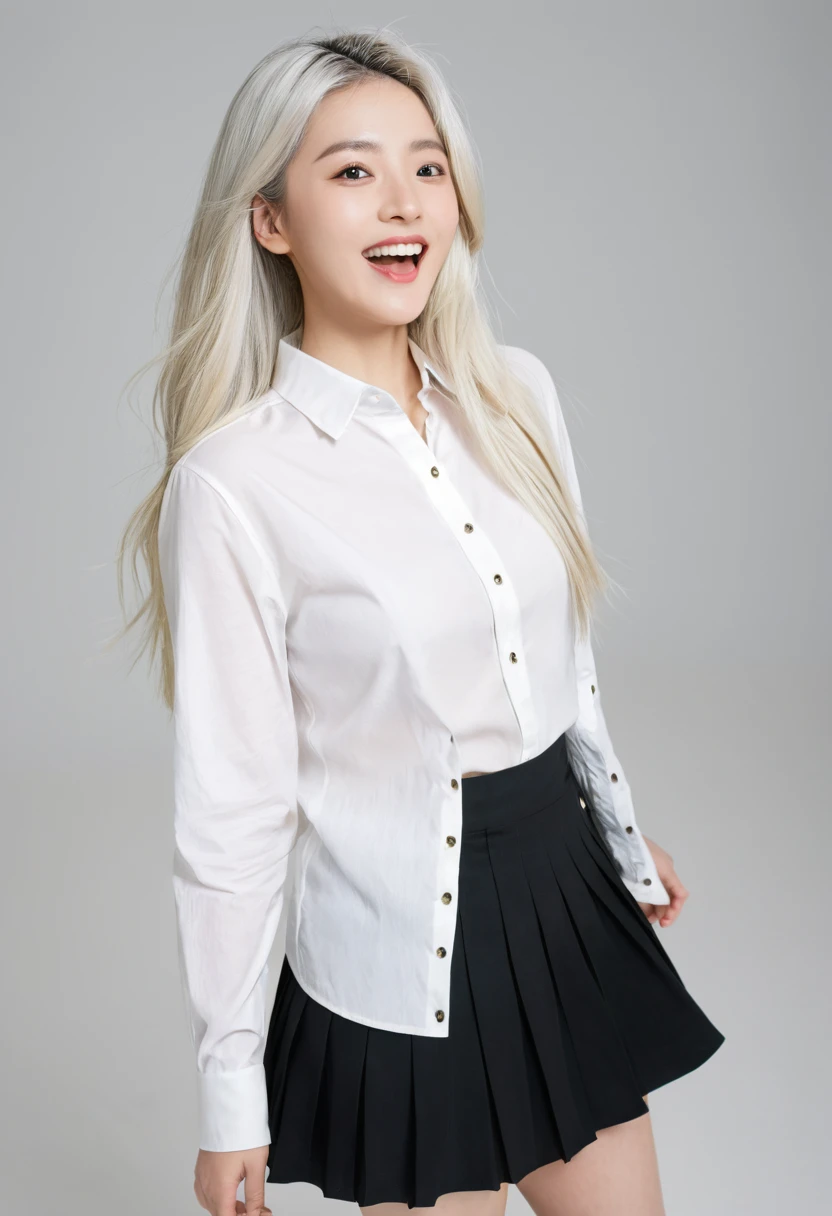 ((masterpiece, best quality)), (1girl), (solo), (female focus), (ahoge, white hair, very long hair), golden eyes, clear smile, open mouth, ((white shirt), (buttoned shirt), (gap button)), ((black skirt), (short skirt)), standing, white background, arms behind back, dynamic angle