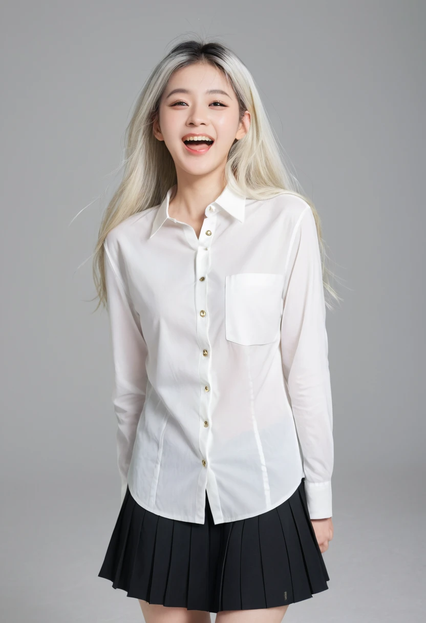 ((masterpiece, best quality)), (1girl), (solo), (female focus), (ahoge, white hair, very long hair), golden eyes, clear smile, open mouth, ((white shirt), (buttoned shirt), (gap button)), ((black skirt), (short skirt)), standing, white background, arms behind back, dynamic angle