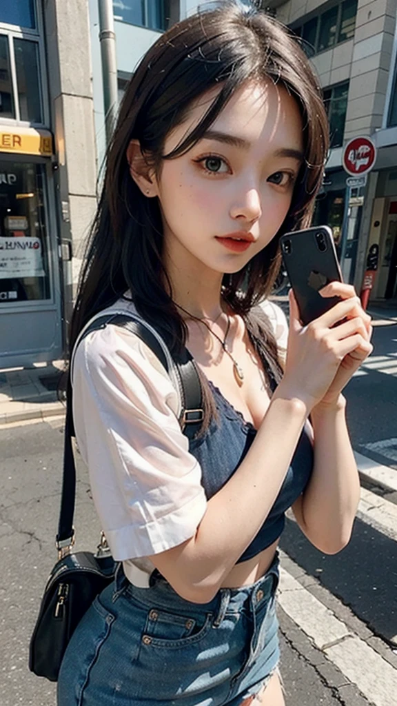 Beautiful woman, fiddling with cell phone in the middle of the street, short clothes