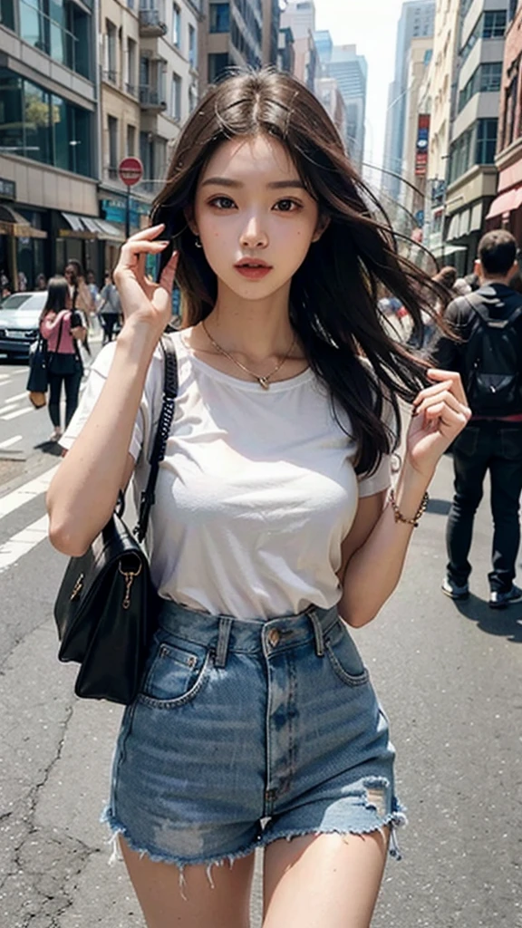 Beautiful woman, fiddling with cell phone in the middle of the street, short clothes
